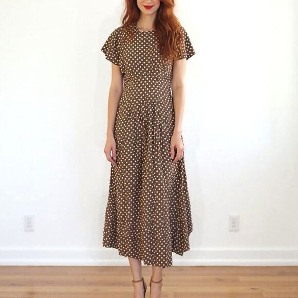 40s Vintage Brown Polka Dot Pleated Midi Dress